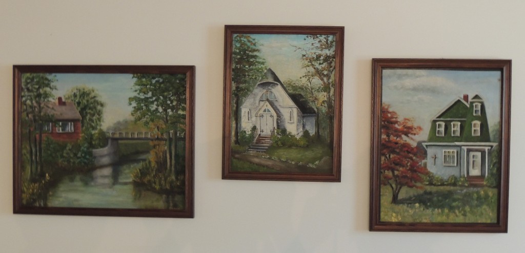 A previous resident loved to paint and these three canvases were hidden in our attic. So we framed them and now they have a place of honor in our dining area.